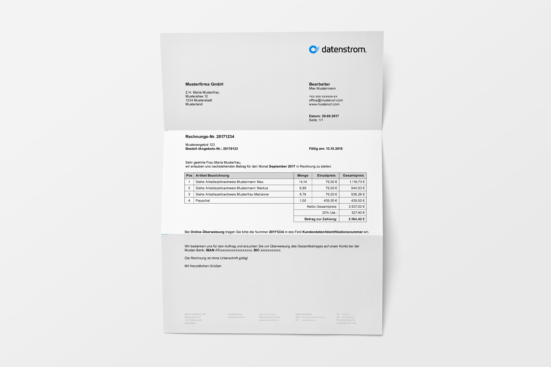 Rechnungen inklusive Leistungsnachweis aus der Leistungserfassung und den Artikelstammdaten erstellen.